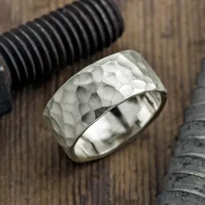 10mm 14k White Gold Mens Wedding Band, Hammered Matte