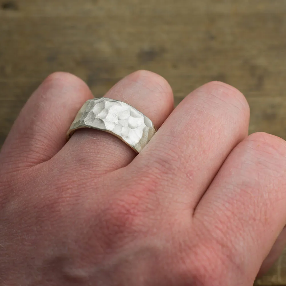 10mm 14k White Gold Mens Wedding Band, Hammered Matte