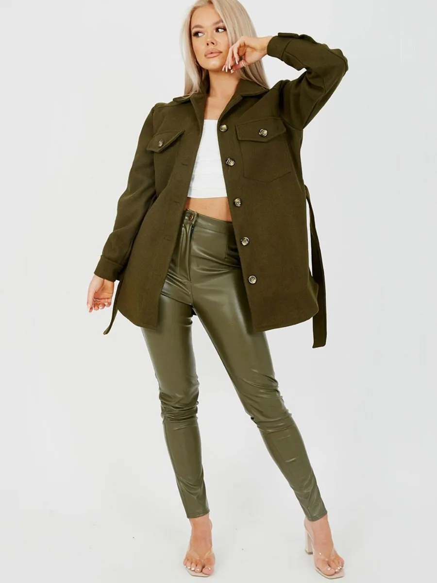 Alix Oversized Thick Belted Shacket In Khaki
