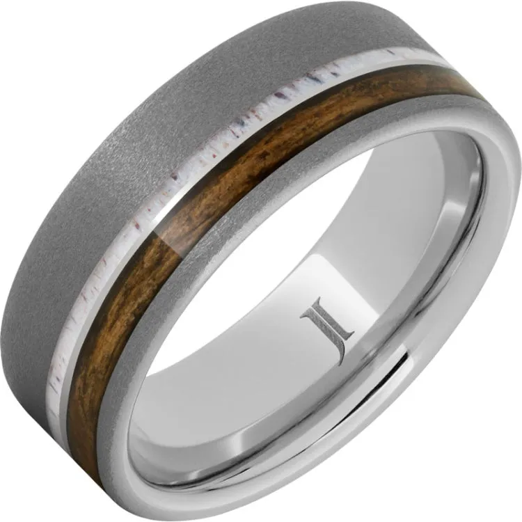 Barrel Aged Serinium® Ring with Antler and Bourbon Wood Inlays and Sandblast Finish