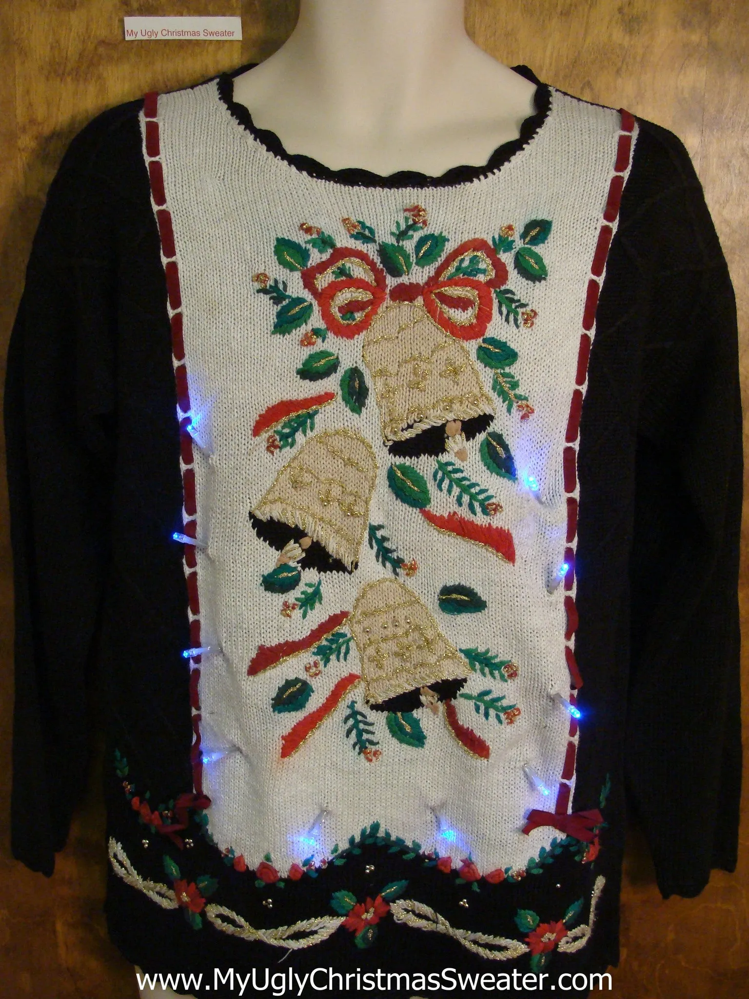 Horrible Tacky Bells and Bows Light Up Ugly Xmas Sweater