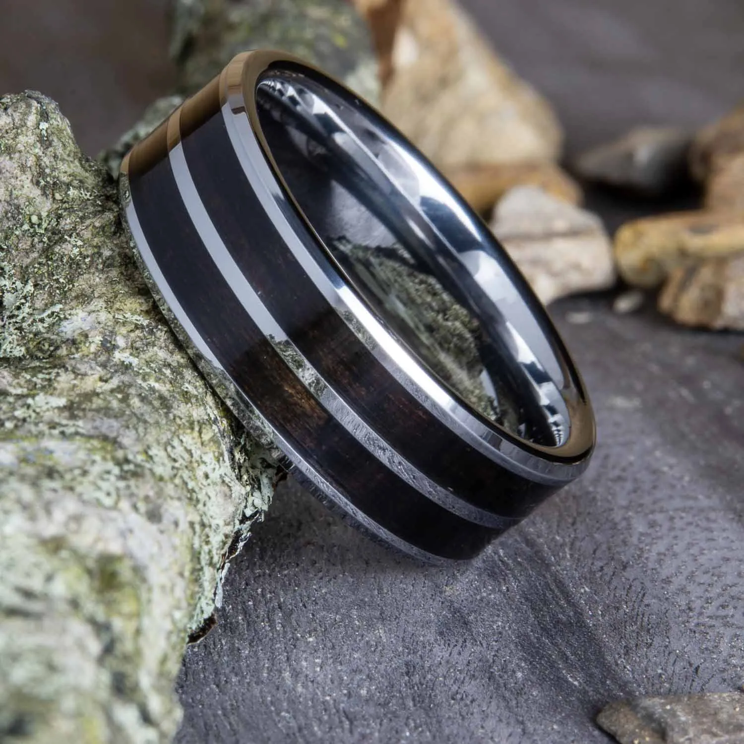 "Dark side" Ebony wood on polished tungsten 2 groove ring