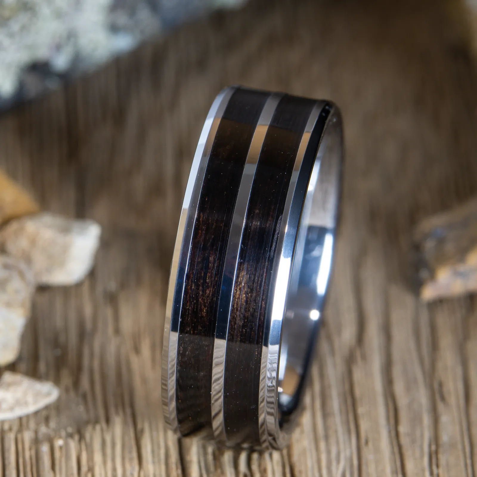 "Dark side" Ebony wood on polished tungsten 2 groove ring